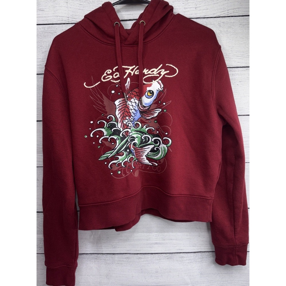 Ed Hardy Koi Fish Cropped Hoodie Juniors Girls Size Large Color Wine